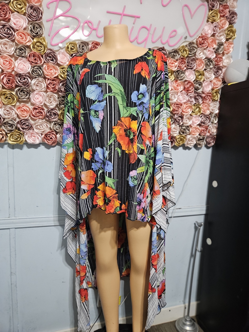 Investments Black Floral Stripe Top with Orange and Green Accents - Picture 4 of 6